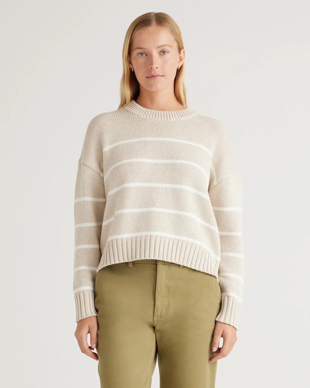 Quince 100% Organic Cotton Striped Crew Sweater in beige/ivory Size XS